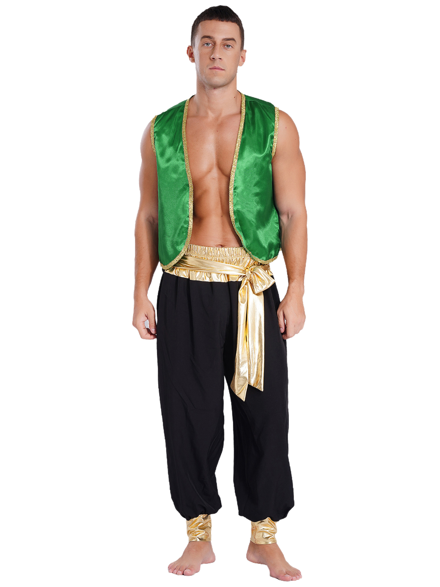 Sxiwei Men's 2Pcs Arabian Prince Cosplay Costume Outfits Fancy Vest Pants Set for Halloween Party Green\u0026Black XL